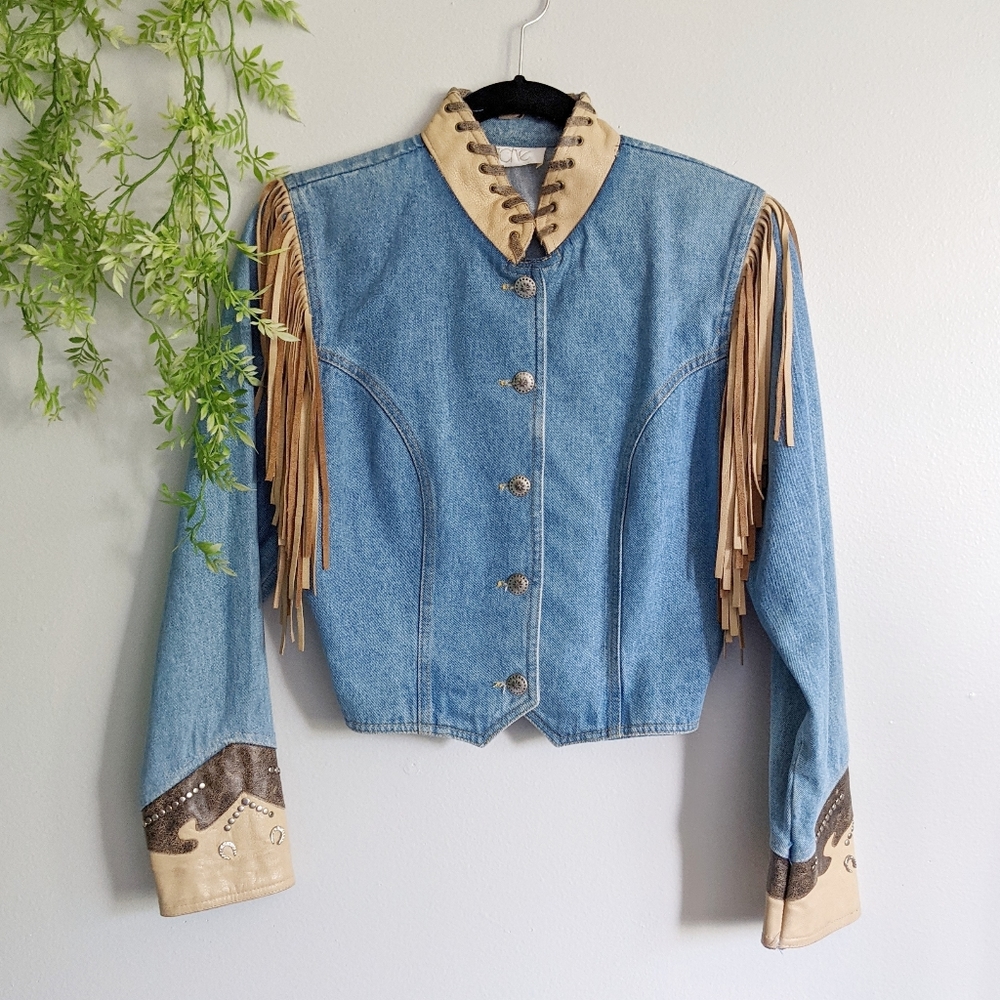 (Cache) Vintage Western Denim Leather Jacket